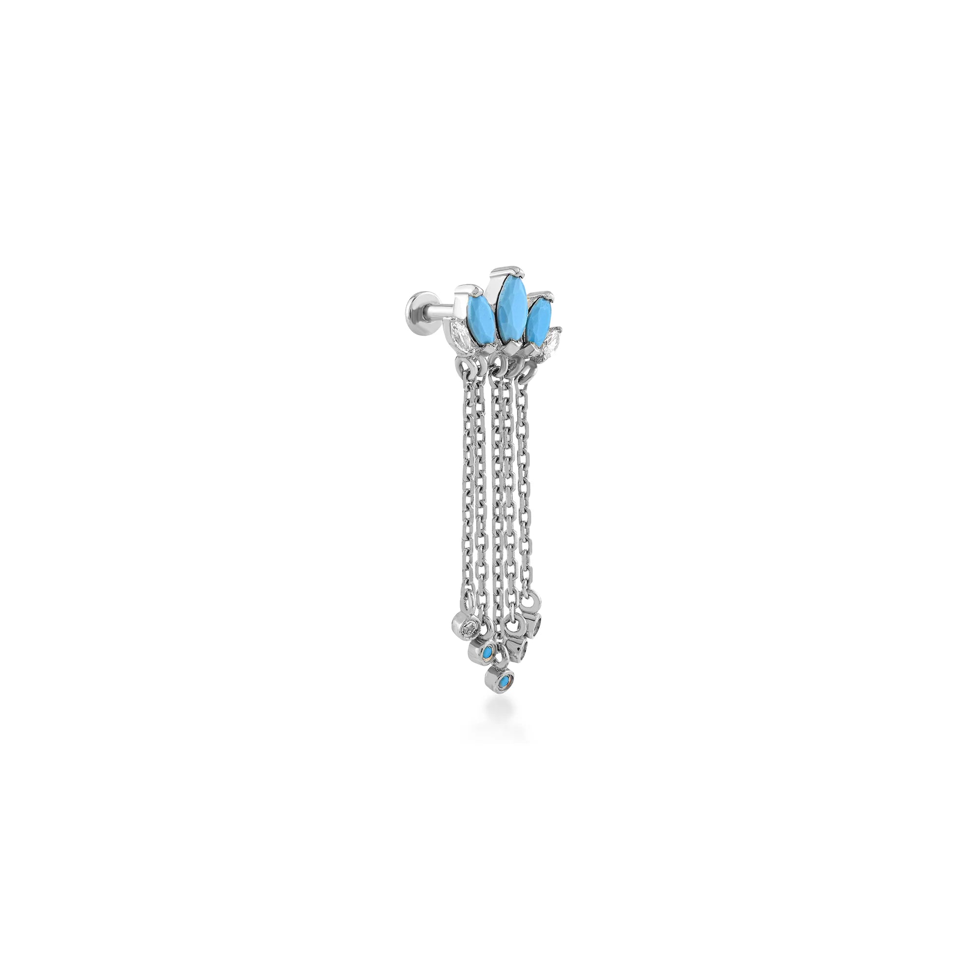 Arc Dikey Markiz Sallantılı Turkuaz ve Beyaz Taşlı Altın Piercing