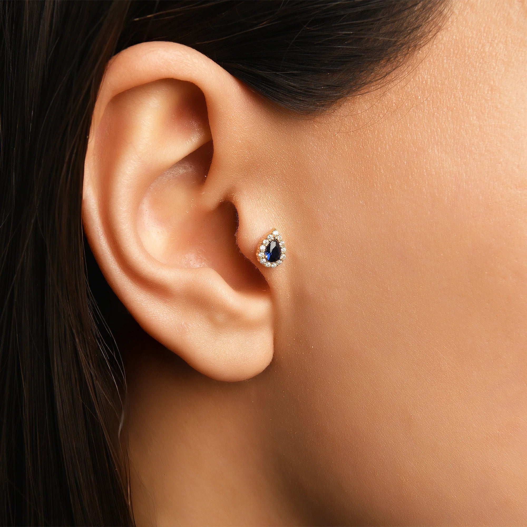 Mavi Taşlı Damla Altın Piercing