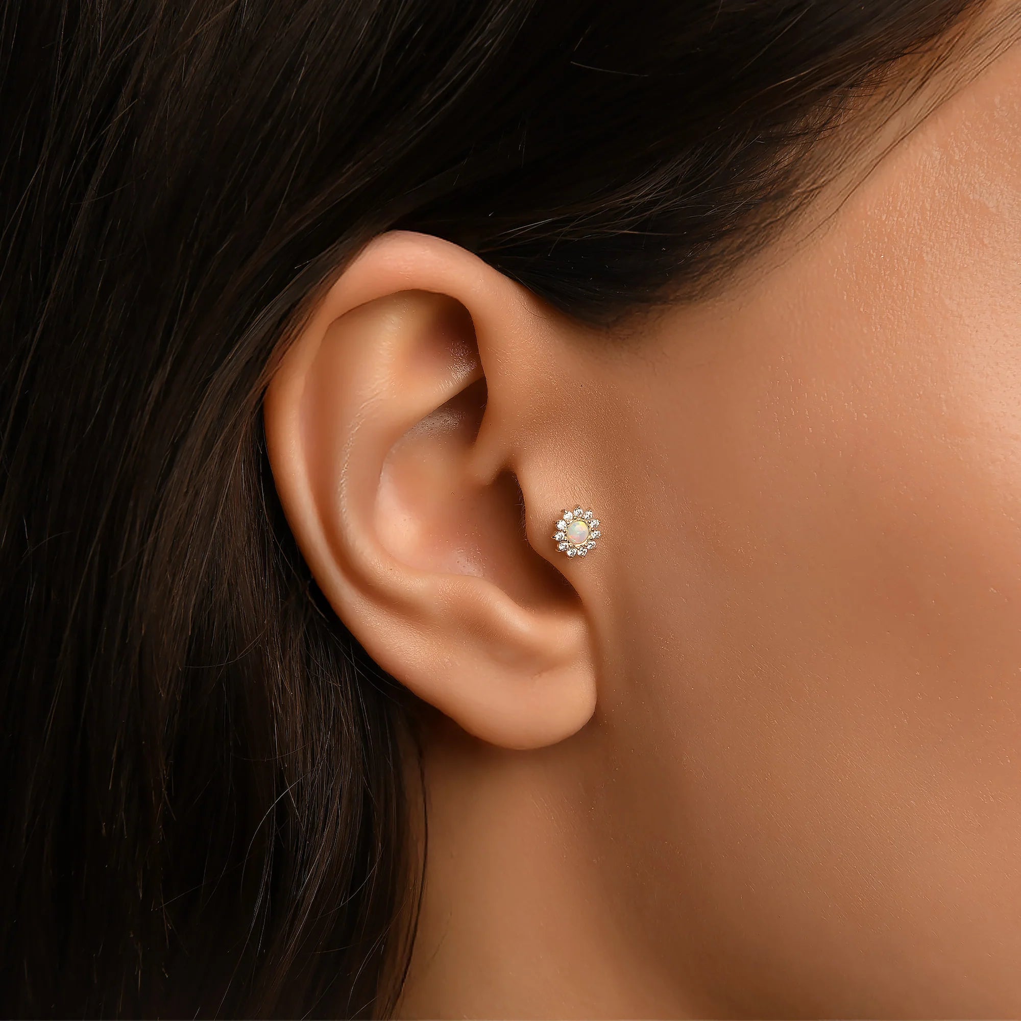 Opalit ve Turmalin Taş Seçenekli Floral Altın Piercing